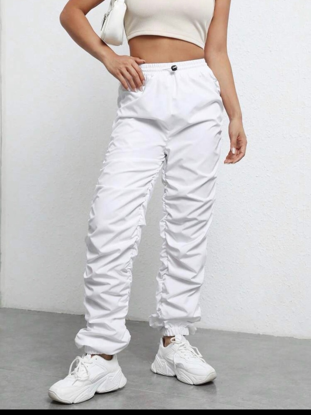 White & Black Ruched Jogger Jeans for Women - Stylish Everyday Pants